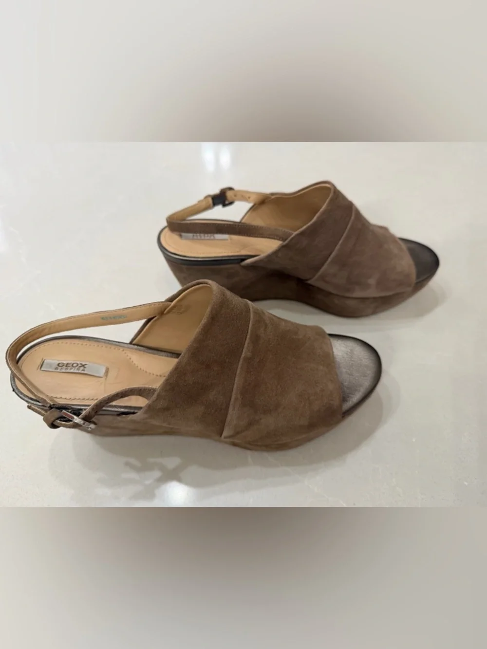 Geox Respira Light Brown Suede Wedge Slingback Sandals, eur 39